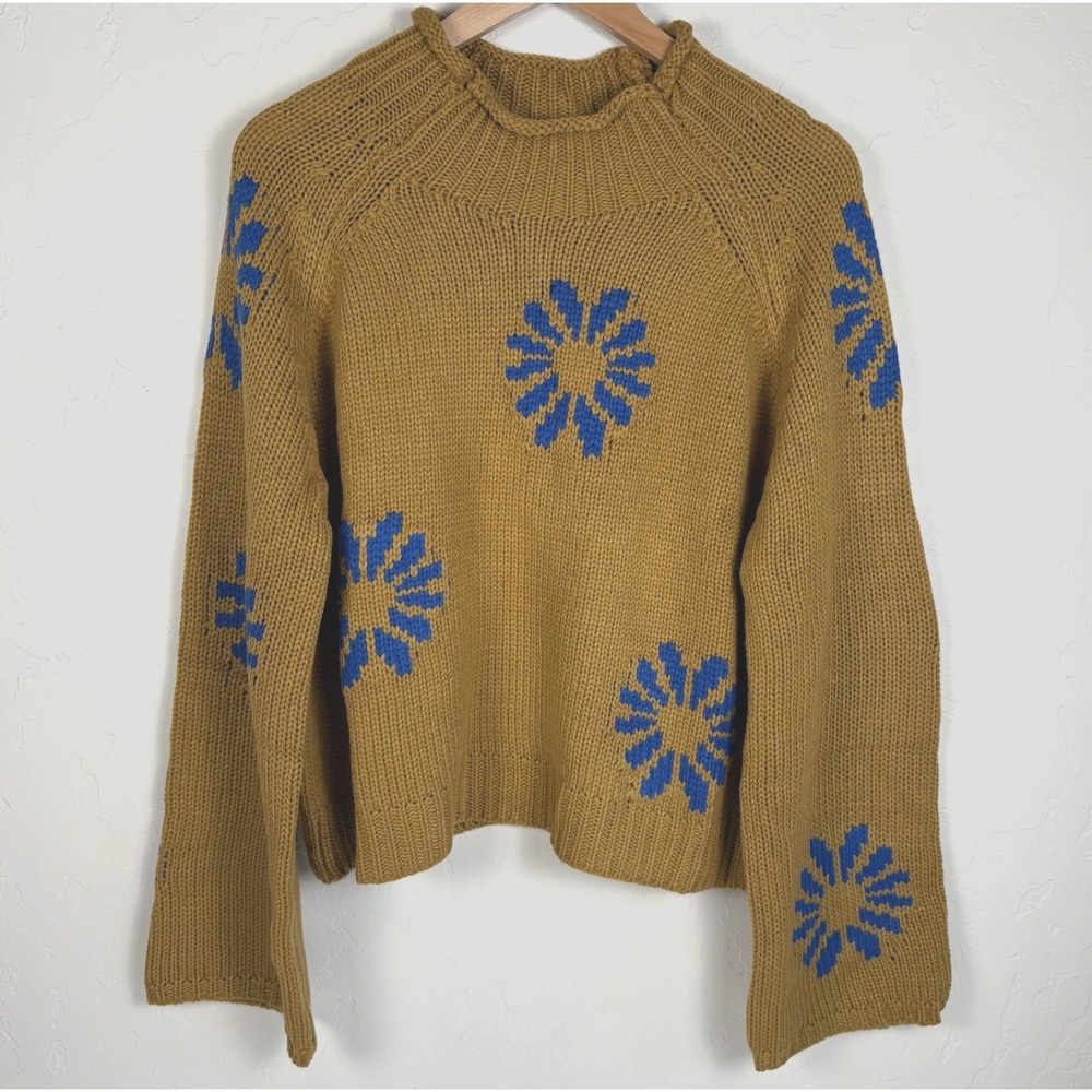 Mock Neck Long‎ Sleeve Sweater Women's Size L Brown Blue Flower Pullover NWOT